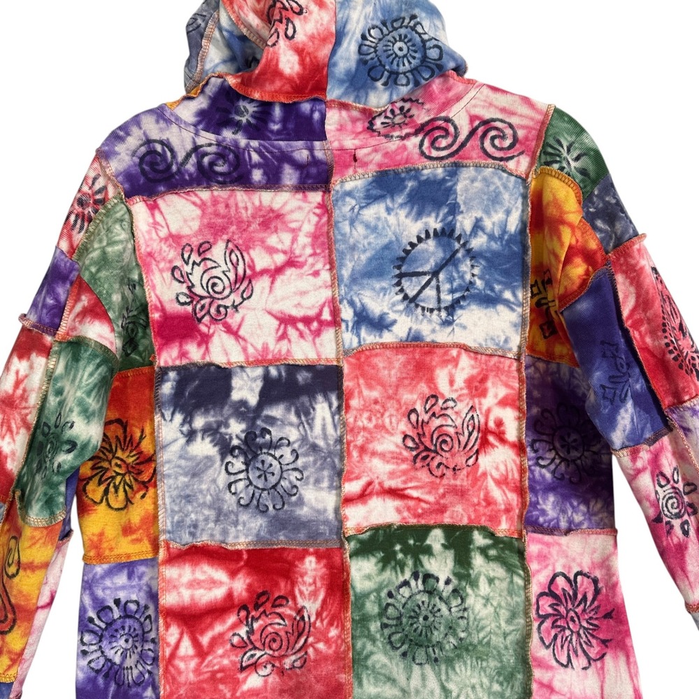 Kathmandu Imports Hoodie Patchwork Tie Dye Woodblock Print Multicolor M Boho - Picture 10 of 11